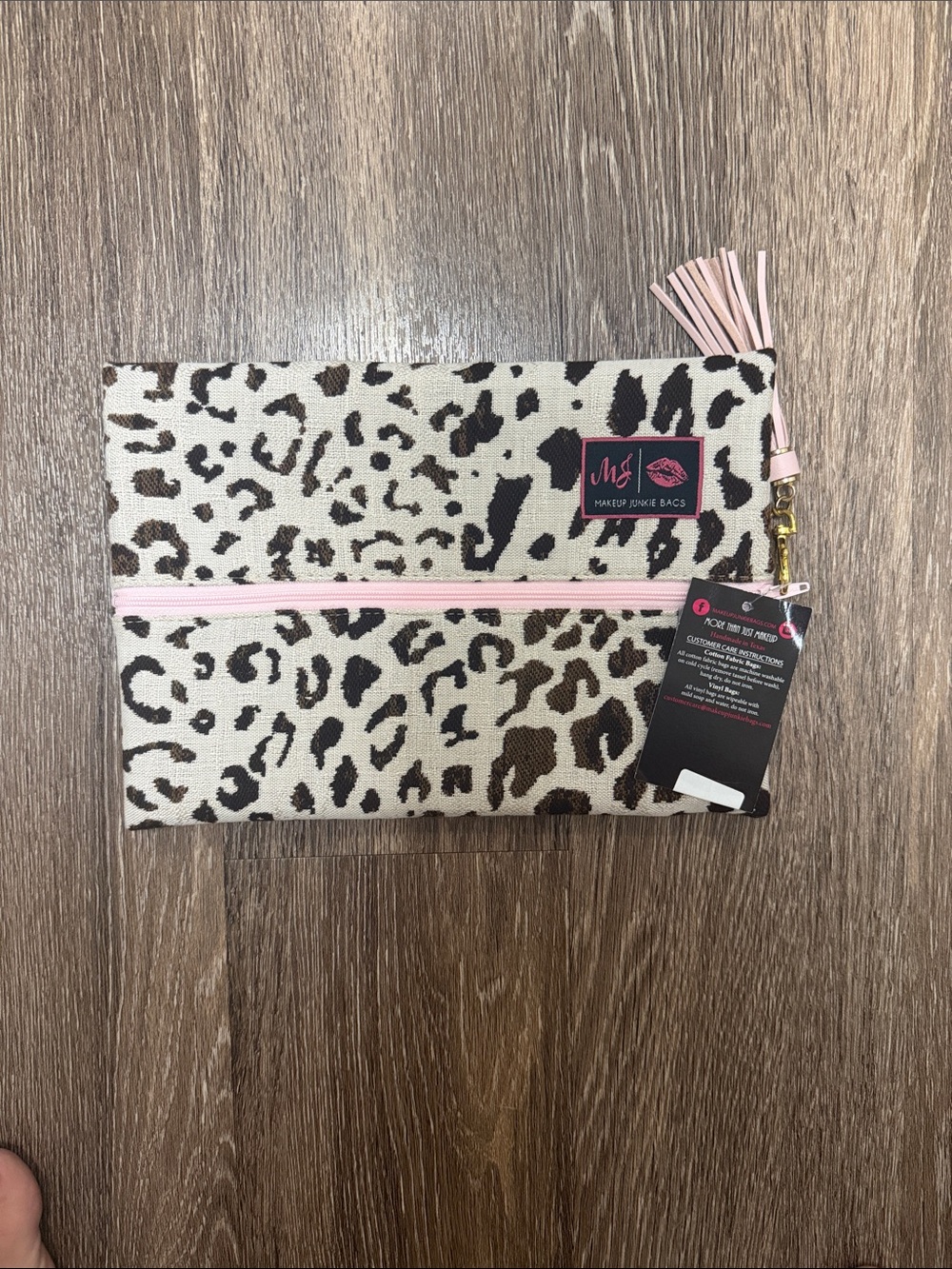 Makeup Junkie Bags Leopard Print Wristlet with Pink Tassel